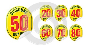 Discount buy now label pop-up banner yellow stickers with different sale percentage. 20, 30, 40, 50, 60, 70, 80 percent off price