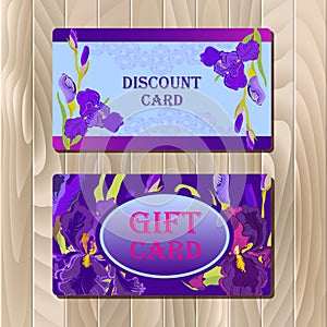 Discount card template with purple iris flower design.