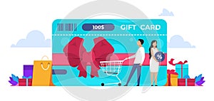 Discount concept. Retail loyalty program, online shop discount and rewards concept with cartoon people. Vector customer