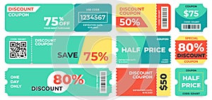 Discount coupon. Half price offer, promo code gift voucher and coupons template vector set