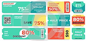 Discount coupon. Half price offer, promo code gift voucher and coupons template vector set photo