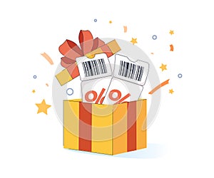 Discount coupon illustration, vector event ticket icon badge, gift box, special voucher concept. Holiday sale, lucky