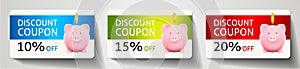 Discount coupon with Piggy bank, gold coin and sale text: 10%, 15%, 20% off on blue, green and red background