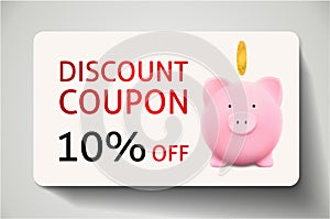 Discount coupon with Piggy bank, gold coin and sale text: 10% off on blue, green and red background