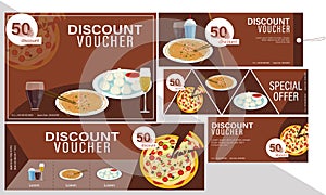 Discount coupon or voucher set for restaurants or food cafes.