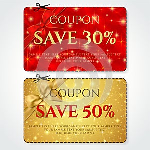 Discount Coupon, Voucher vector. Golden stars layout template with red holiday bow
