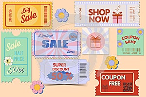 Discount coupons, gift vouchers in a Retro Groovy Style. Vector template. Retro ticket