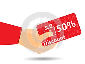 Discount coupons in hand. 50-percent discount. Special offer. Gift boxes on background. photo
