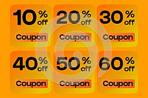 Discount Coupons offering 10, 20, 30, 40, 50, 60% vector illustration
