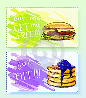 Discount coupons for pancake and gamburger.