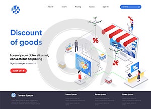 Discount of goods isometric landing page. Seasonal discounting and special offer, retail advertising and sale