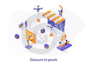 Discount of goods isometric web banner. Seasonal discounting and online shopping isometry concept. Retail advertising 3d scene,