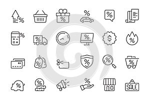 Discount icon. Market product sale leasing interest rates vector collection