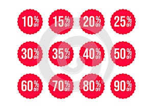 Discount label. Special promotion offer sale tag. Red rosette star badge sticker symbol with price discount informer.
