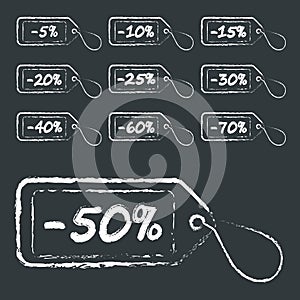 Discount label or tag set in grunge style. Label set with grunge seals and discounts. Sale, discount label. Special offer price