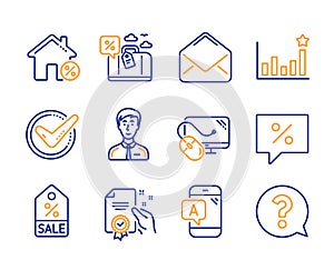 Discount message, Businessman person and Ab testing icons set. Mail, Computer mouse and Efficacy signs. Vector