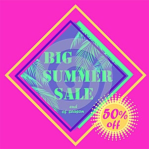 Discount neon label for with mint color big summer sale lettering and fan-leaved palms branches