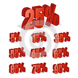 Discount Numbers 3d Vector. Red Sale Percentage Icon Set In 3D Style Isolated On White Background. 10 percent off, 15 off and 20 p