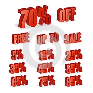 Discount Numbers 3d Vector. Red Sale Percentage Icon Set In 3D Style Isolated On White Background. Free, Off, Up To.