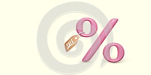 Discount offer banner. 3D pink percentege icon with price tag