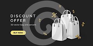 Discount offer banner. White 3D shopping bags with flying gold percent sign on black background