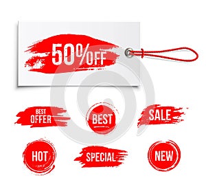 Discount offer label tag, Sale, Best offer sign on red rubber stamps set