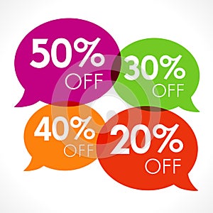Special offer 20%, 30%, 40%, 50% sale colored speech bubble tag vector illustration