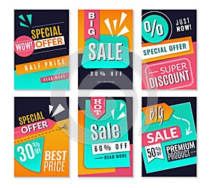 Discount posters. Promotional fashion marketing backgrounds, sale advertising offer flyers. Online newsletter vector