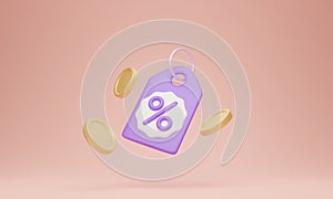 Discount price tag with coins, 3D illustration concept.