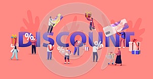 Discount and Sale Concept. Happy People Shopping Recreation. Shopper Characters Buying Things Using Coupon