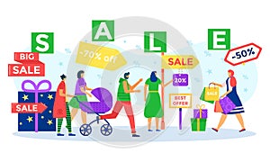 Discount sale for man woman customer in store, vector illustration. People character buy goods in shop, flat market with