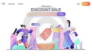 Discount sale web concept for landing page. Women buying on sale at best prices, paying for purchases, store loyalty program