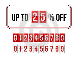 Discount special offer template for season sales, up to 25 off text, flip numbers