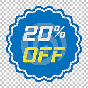 Discount sticker vector icon in flat style. Sale tag sign illustration on isolated transparent background. Promotion 20 percent d