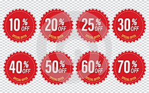 Discount stickers set for shop, retail, promotion. 10, 20, 25, 30, 40, 50, 60, 70 percentage off