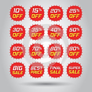 Discount stickers vector icon set in flat style. Sale tag sign illustration on white background. Promotion 10, 15, 20, 25, 30, 35