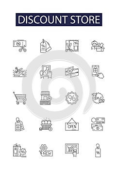 Discount store line vector icons and signs. store, bargain, outlet, sale, savings, cheaper, value, low-price outline photo