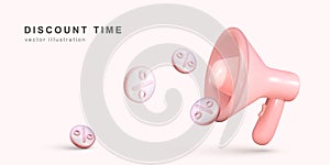 Discount time concept, realistic of 3d megaphones, loudspeaker. Vector illustration