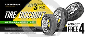 Discount. Tire advertisement poster. Black rubber tire. Realistic vector shining disk car wheel. Information. Store. Action.Landsc