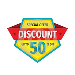 Discount up to 50% off - tag badge vector design. Special offer emblem sticker in vintage retro style.