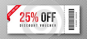 Discount voucher, gift coupon template with ruffle edges. White coupon mockup with 25 percent off