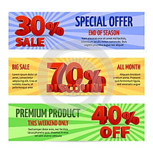 Discount voucher, sale coupon label designs. Special offer banners with percent off photo