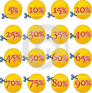 Discount yellow buttons and scissors, from 5 to 90 percent