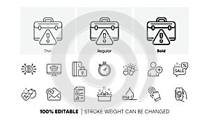 Discounts bubble, Report document and Waterproof line icons. For web app, printing. Line icons. Vector photo