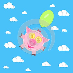Discounts concept with percent sign. A pink pig, a piglet with gold coins instead of eyes, flies on a green balloon in a blue sky
