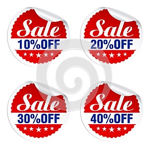 Discounts sale stickers set 10%, 20%, 30%, 40% off with stars