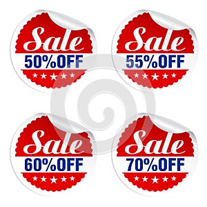 Discounts sale stickers set 50%, 55%, 60%, 70% off with stars