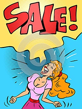 discounts sale a woman screams rage anger strong human emotions. Loud voice