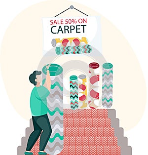 Discounts, sales at carpet store. Man designer decorator chooses rug for home interior design