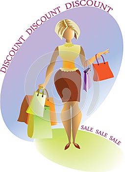 Discounts. Woman with shopping. Vector illustration